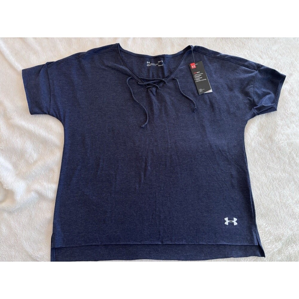 Under Armour Stadium T Womens Large Short Sleeve Shirt Cropped Raw Hem Blue